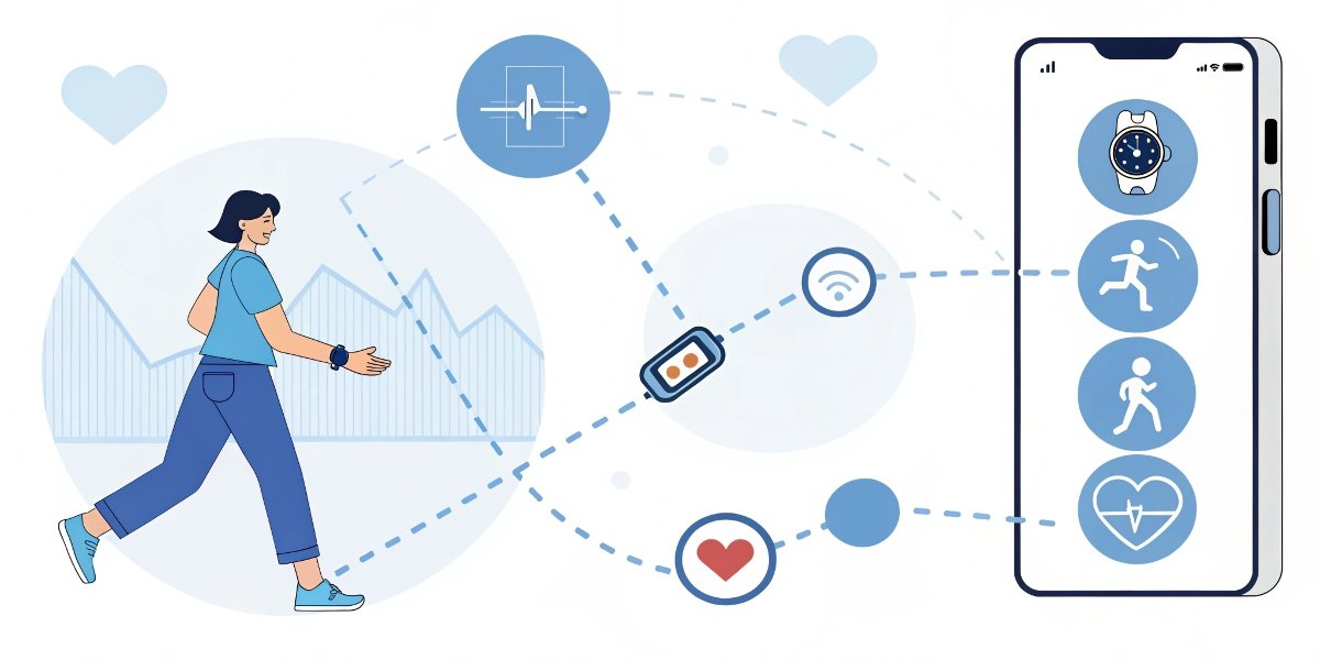 An infographic showing data flowing from sensors on a wearable to a smartphone app that displays insights