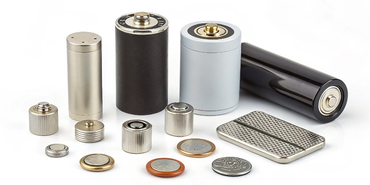A collection of various battery types, including cylindrical, pouch, and coin cells