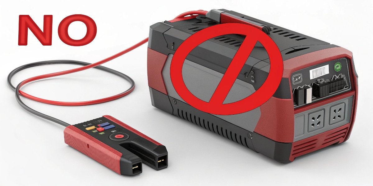 Do Not Use Non-Lithium Chargers for LiPo Batteries A large car battery charger next to a small LiPo pouch battery, with a large, red "NO" symbol drawn over the entire image.