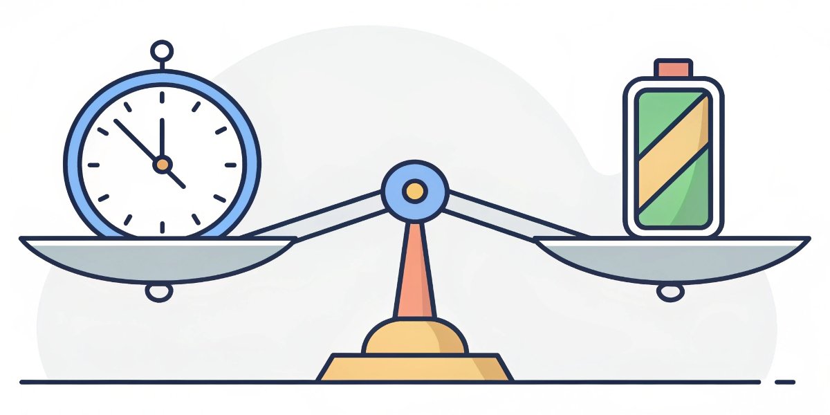 A scale balancing a clock (fast charge) on one side and a healthy battery with a long life bar (slow charge) on the other