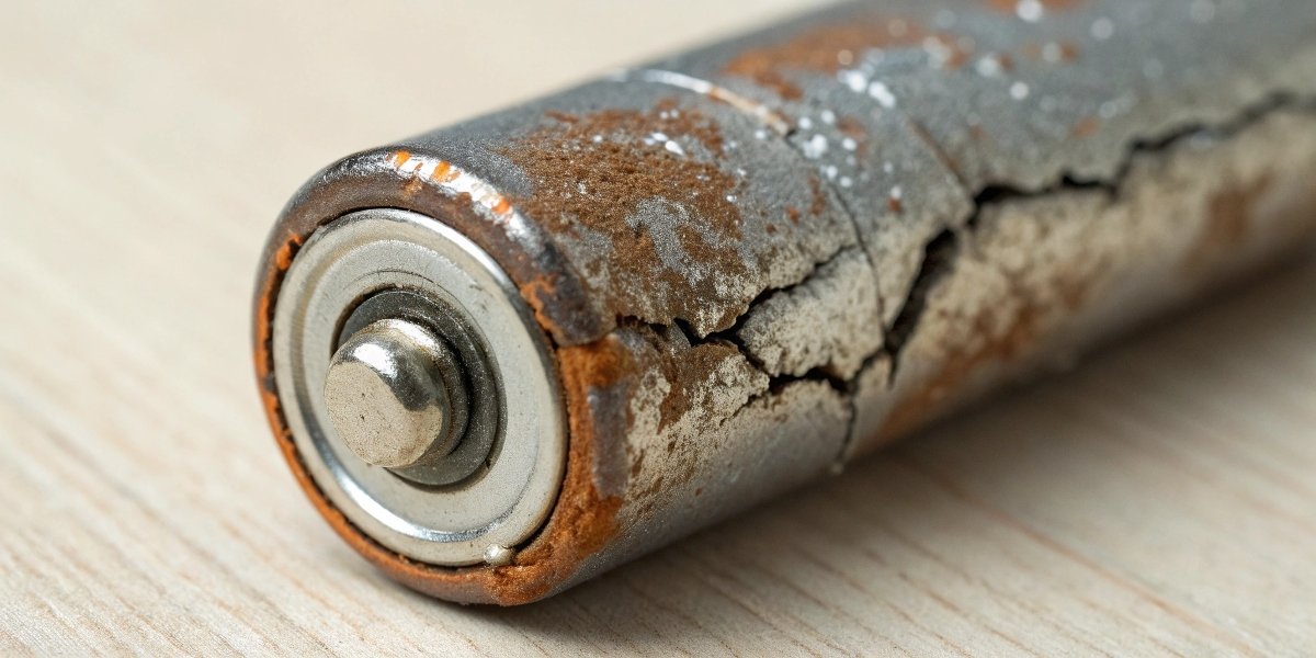 A close-up of a ruptured alkaline battery, showing electrolyte leakage and deformation
