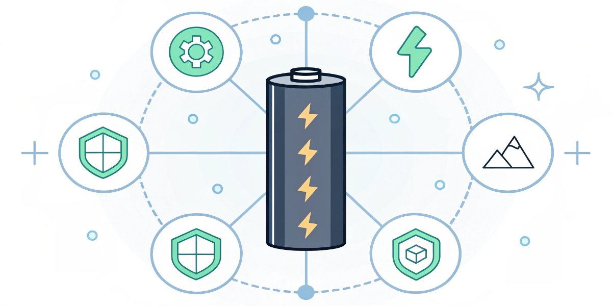 An illustration of a perfect battery with symbols for safety, long life, low cost, and high energy radiating from it