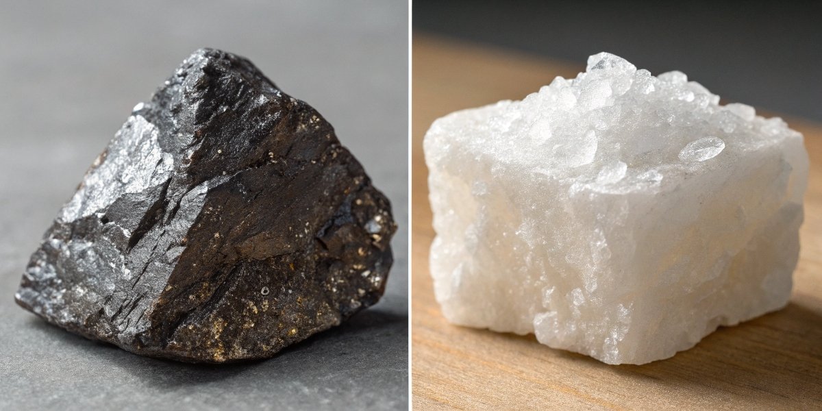 A side-by-side comparison of a lithium ore rock and a salt crystal, representing the two battery chemistries