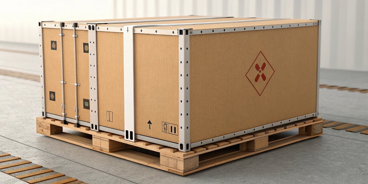 A shipping box with a lithium battery warning label clearly visible, ready for international transport