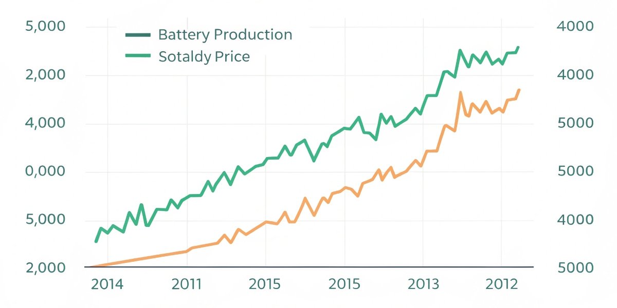 A chart showing a volatile, hyped stock price next to a steady chart of climbing battery production output