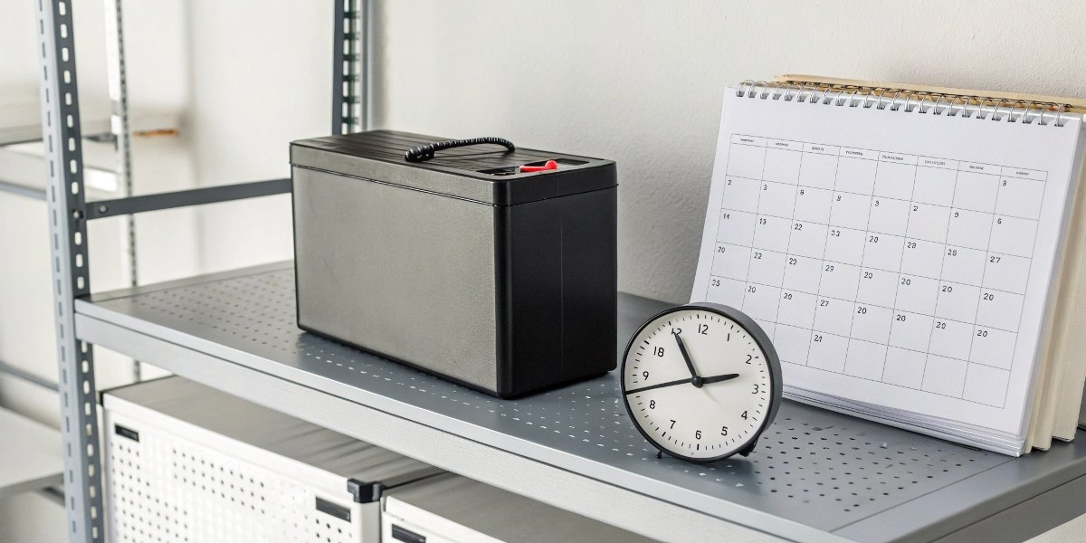 A LiPo battery resting on a shelf with a calendar and clock in the background symbolizing long-term storage