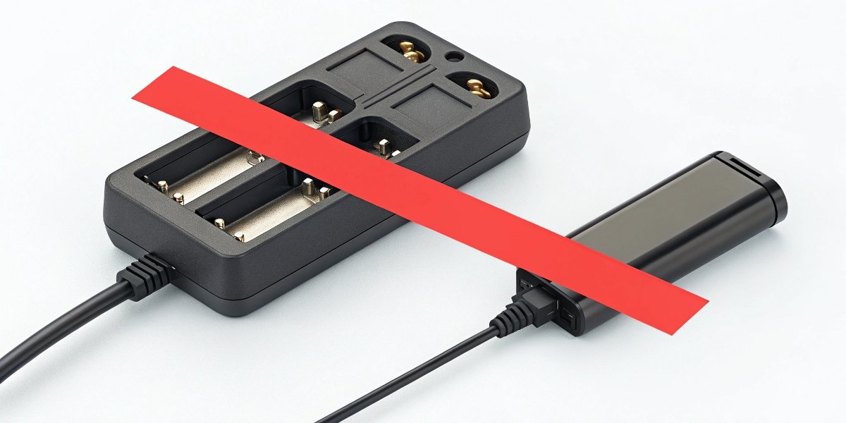 A 4.8V charger next to a 3.7V Li-ion battery with a large red X over it to signify danger