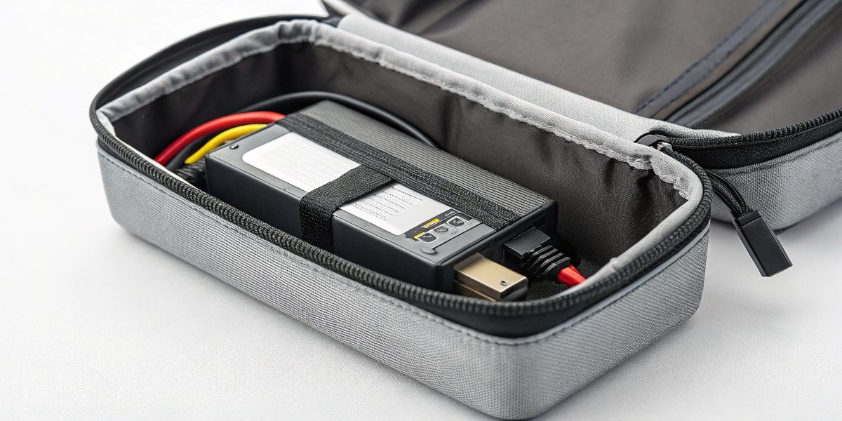 A LiPo battery stored safely inside a labeled, fireproof LiPo bag