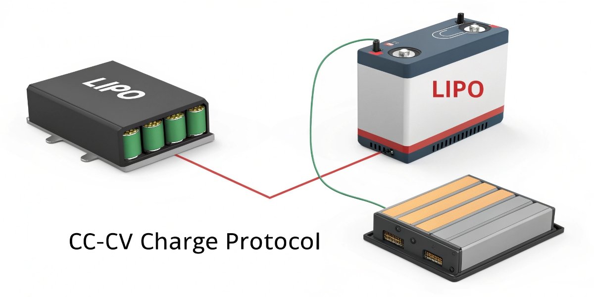 An infographic showing that both Li-ion and LiPo batteries feed into a box labeled 'CC-CV Charge Protocol'