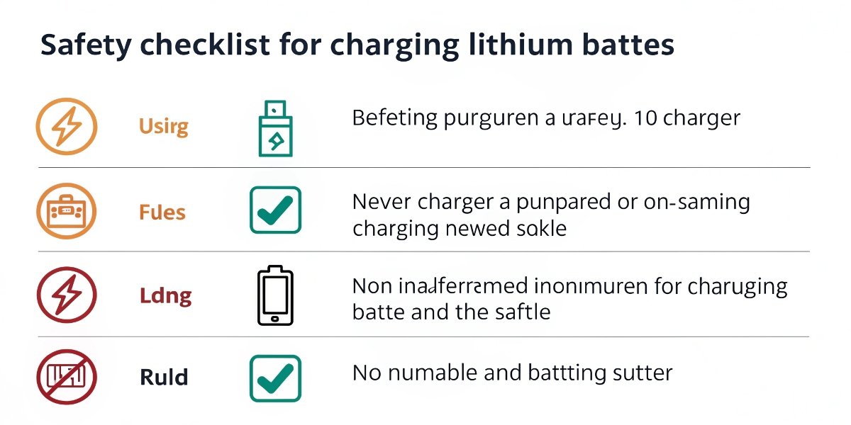 A safety checklist for charging lithium-ion batteries with clear icons for each rule