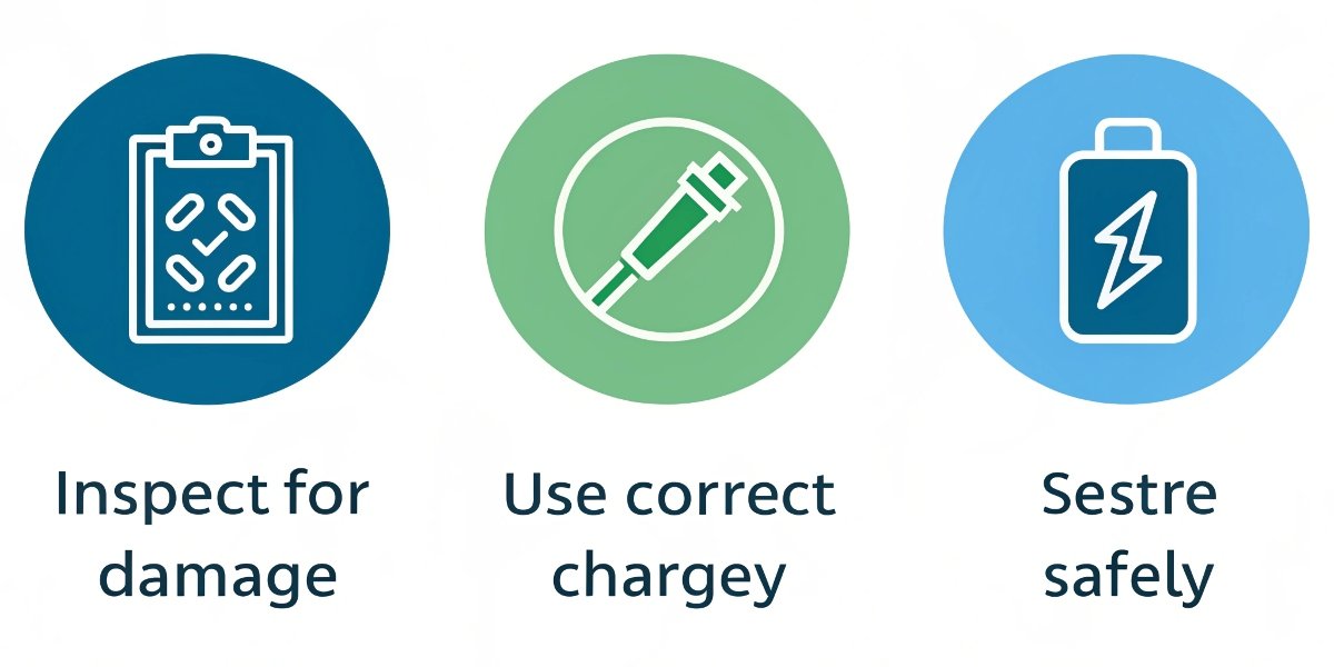 A safety checklist infographic showing icons for 'Inspect for Damage,' 'Use Correct Charger,' and 'Store Safely'