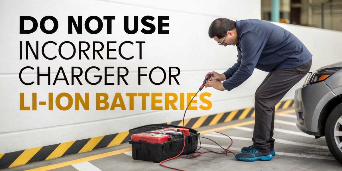 A prominent 'Do Not' symbol over an image of a person attempting to connect a car battery charger to a Li-ion battery