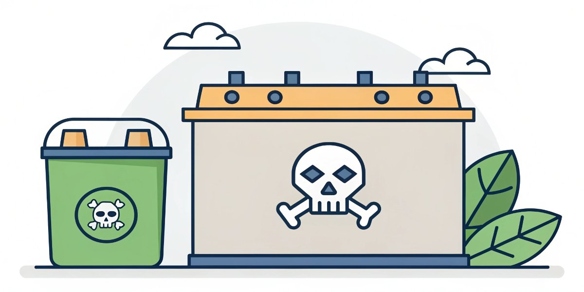 A 'dead' LiPo battery with a skull and crossbones icon over it, pointing towards a battery recycling bin