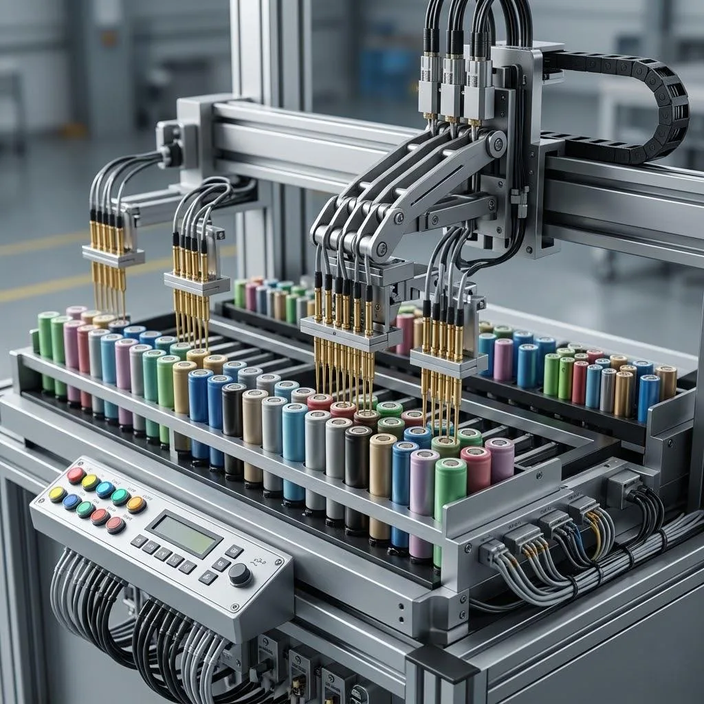 An Automated Battery Cell Grading Station In The Background, Sorting Cells Based On A Consistency Histogram.