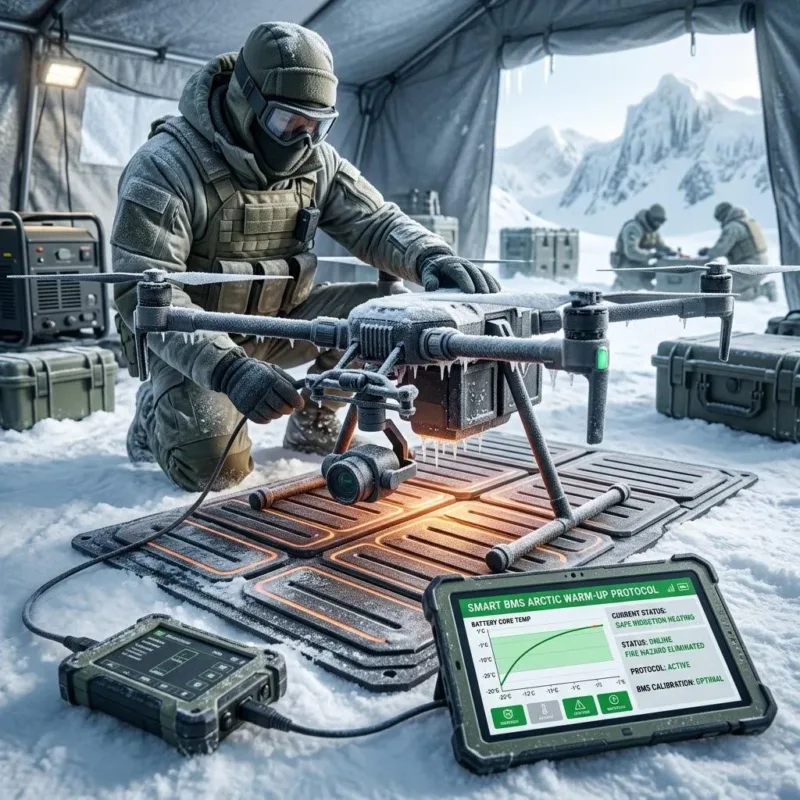 Tactical military drone with smart BMS protocols for safe battery startup and fire prevention in frozen field camps.