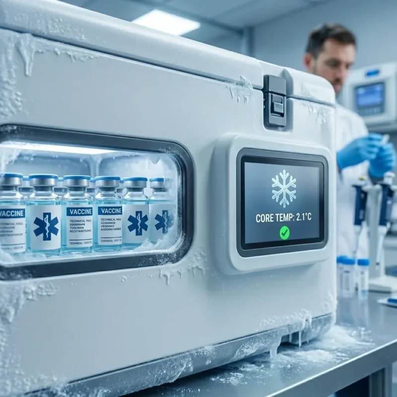 Medical cold chain transport box using specialized battery chemistry to protect temperature-sensitive vaccines and cargo.