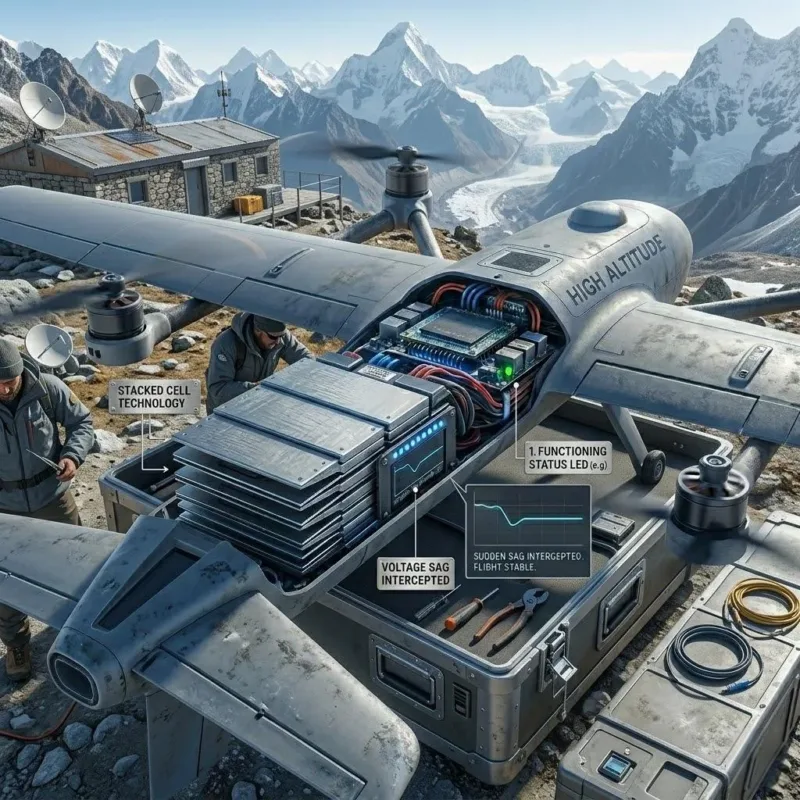 High altitude drone using stacked cell LiPo batteries to prevent voltage sag in sub-zero mountain environments.