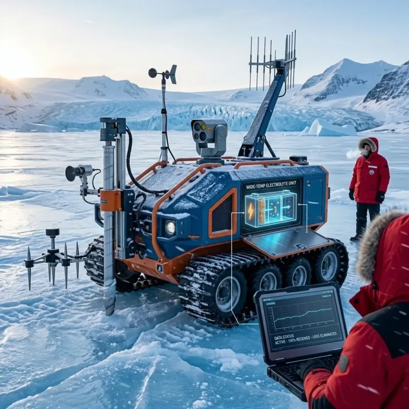 Polar research rover powered by wide-temp electrolyte batteries for reliable sensor data in arctic conditions.