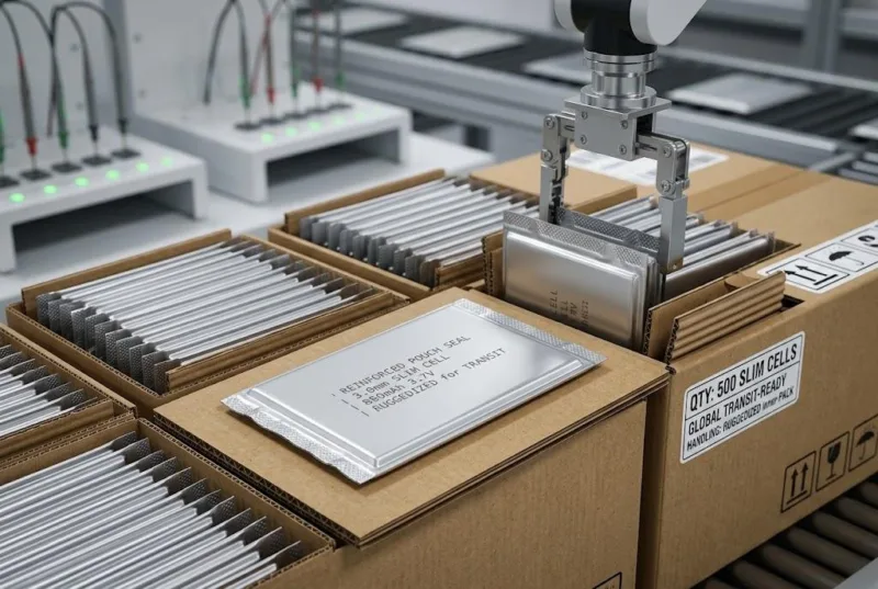 Automated Robotic Packaging Of Global Transit Ready Slim Cells With Ruggedized Inner Pack Handling.