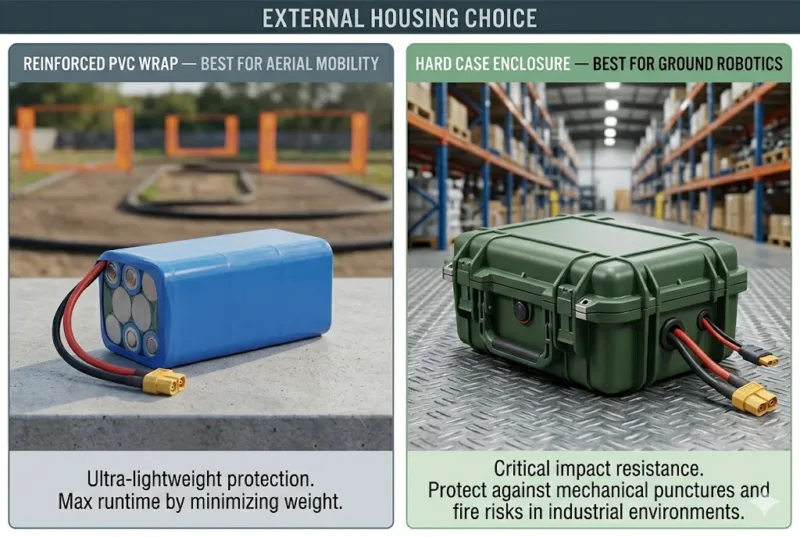 Battery Enclosure Comparison Lightweight Pvc Wrap For Drones Vs. Impact Resistant Hard Case For Robotics.