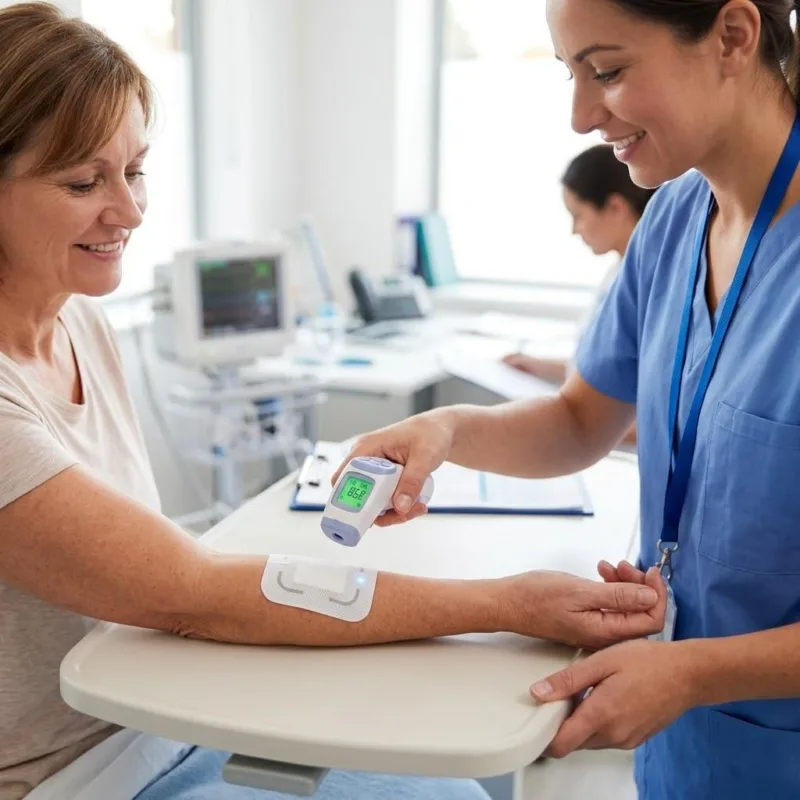 Clinical Smart Patch With Ultra Thin Stacked Lipo Battery Applied To A Patient's Arm For Thermal Safety.