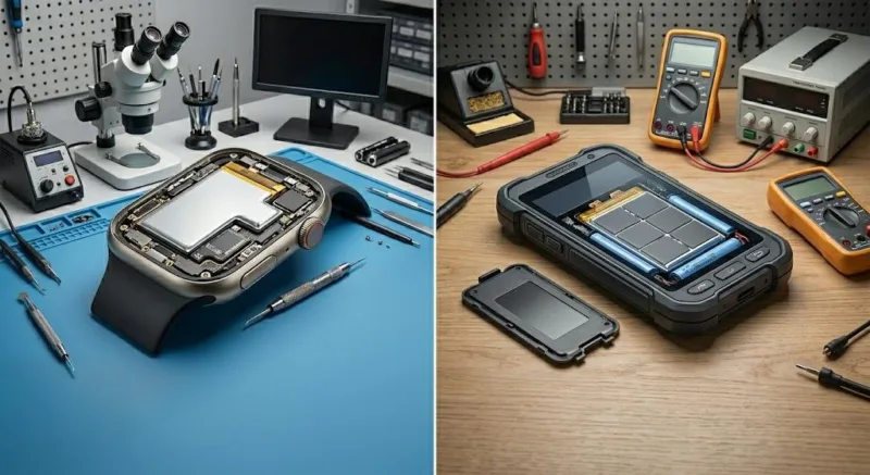 Comparison Of A Custom High Voltage Lipo Battery In A Slim Smartwatch Versus A Standard Lithium Ion Battery In A Rugged Industrial Handheld Device.