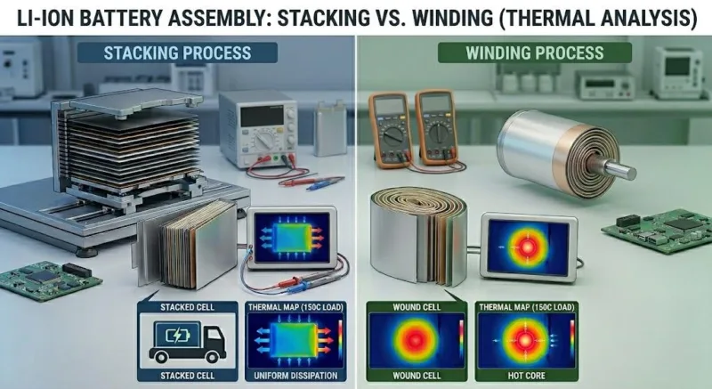 Comparison Of Battery Stacking Vs. Winding Processes Showing Thermal Heat Dissipation Under 150c Load.