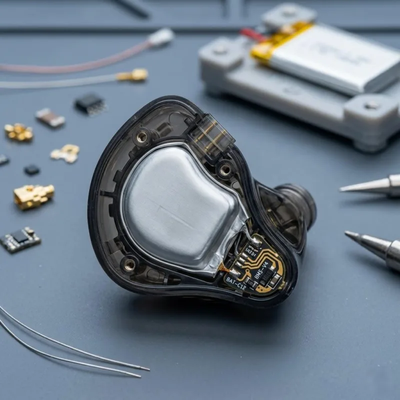 Custom Shaped Lipo Battery Integrated Into Premium Wireless Earbud Hardware.