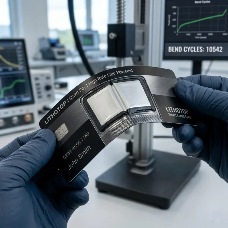 Flexible Smart Credit Card Demonstrating Reinforced Battery Pouch Sealing And Bending Durability.