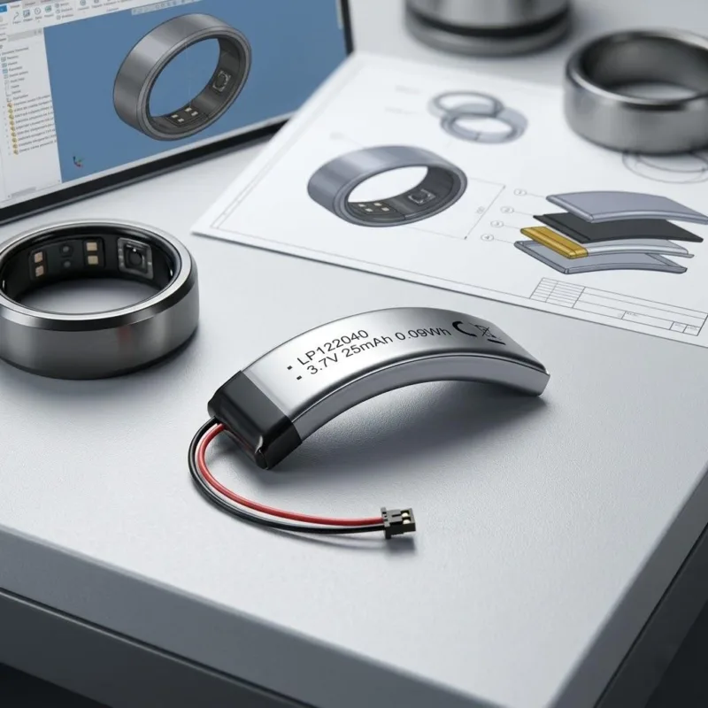 Precision Curved Lipo Battery For Smart Rings With Technical Assembly Blueprints.