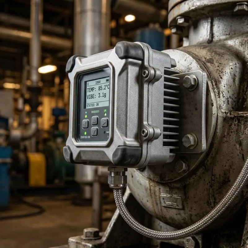 Rugged Industrial Monitoring Sensor With High Durability Lipo Battery On Heavy Machinery.