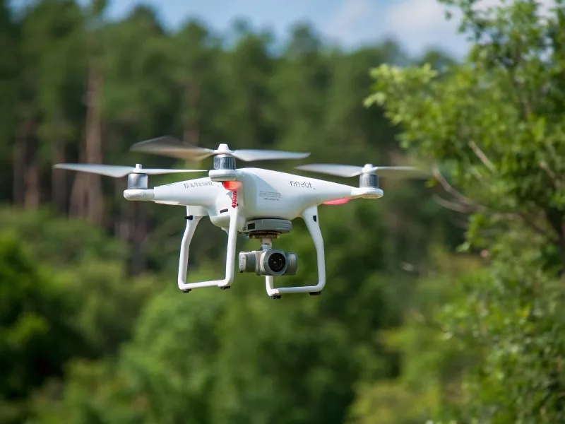 A White Quadcopter Drone With A Mounted Camera Hov